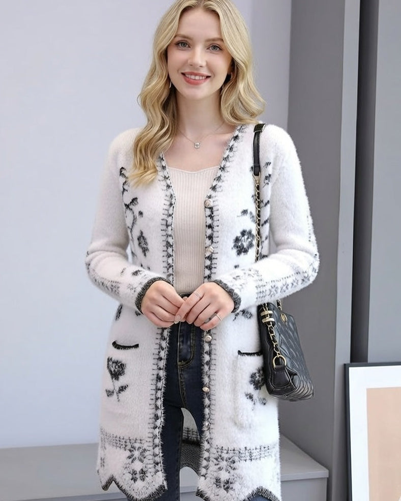 Női vintage gyapjú virágmintás kardigán