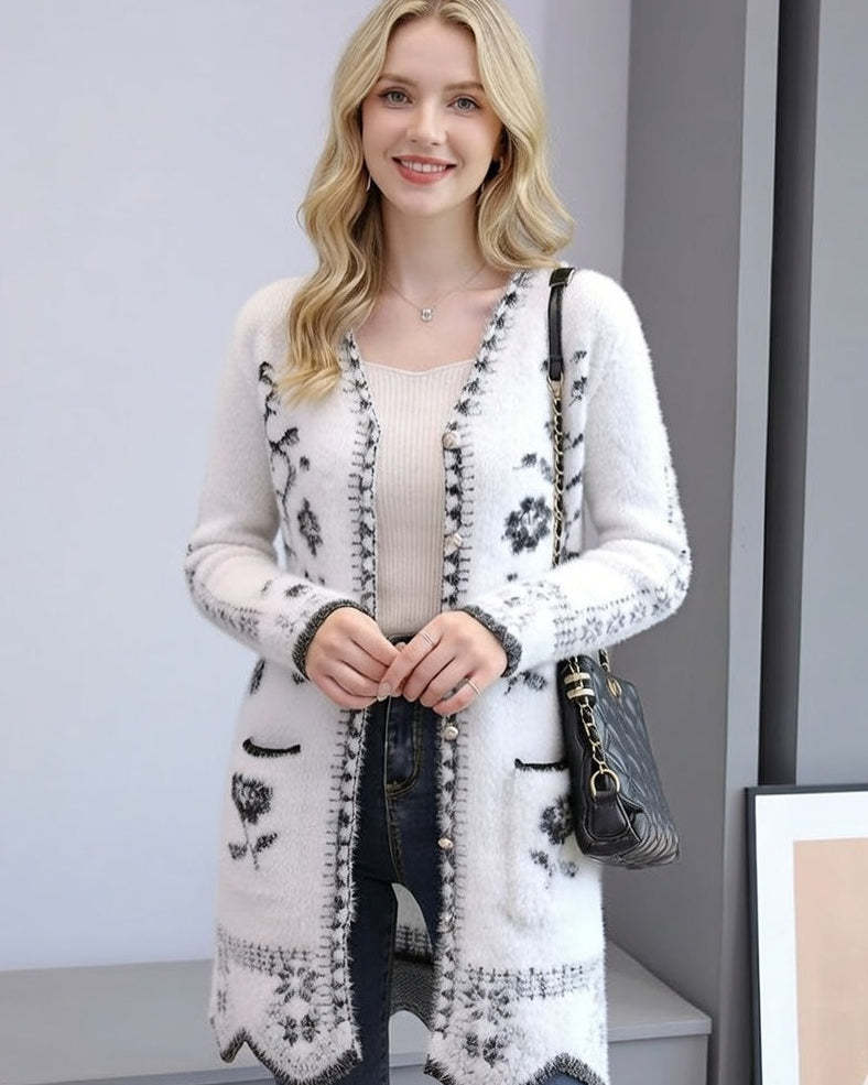 Női vintage gyapjú virágmintás kardigán