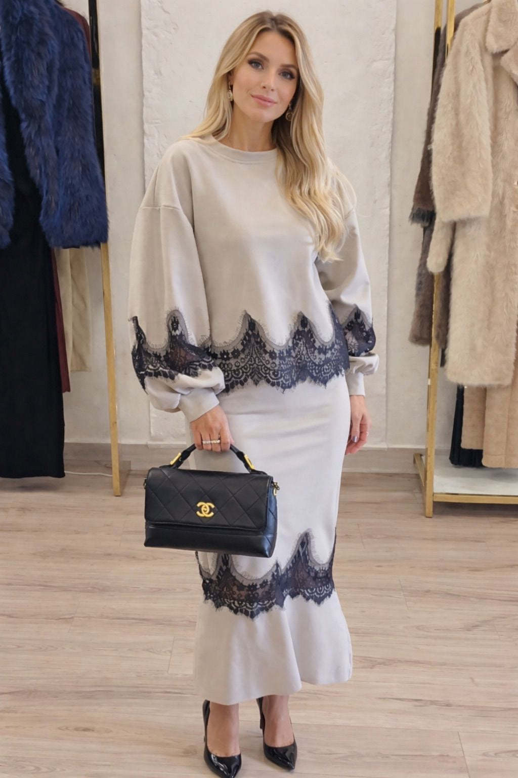 Női csipkeszegélyes, kerek nyakú, hosszú ujjú, testhezálló szoknya szett