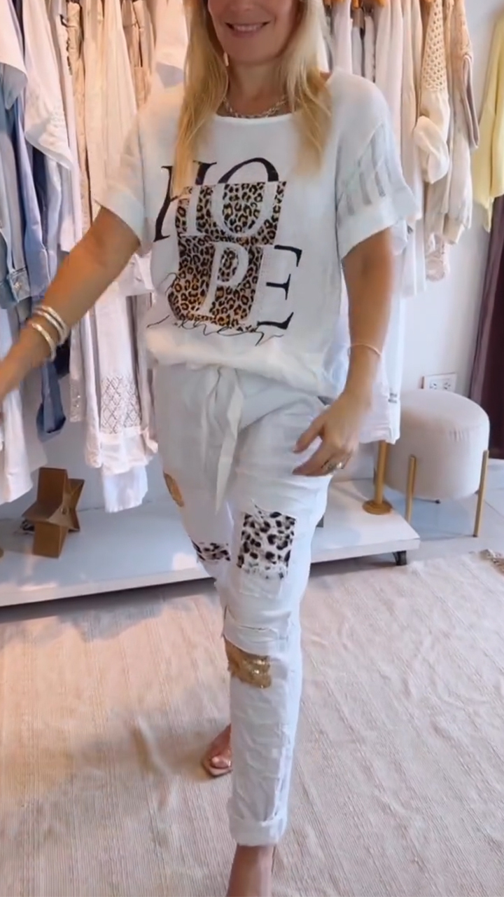 Női kerek nyakú nyomtatott felső + patchwork nadrág, alkalmi öltöny