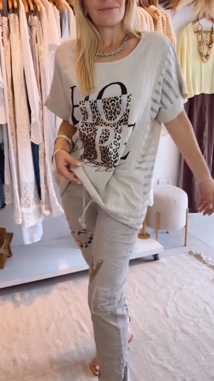 Női kerek nyakú nyomtatott felső + patchwork nadrág, alkalmi öltöny