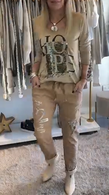 Női kerek nyakú nyomtatott felső + patchwork nadrág, alkalmi öltöny