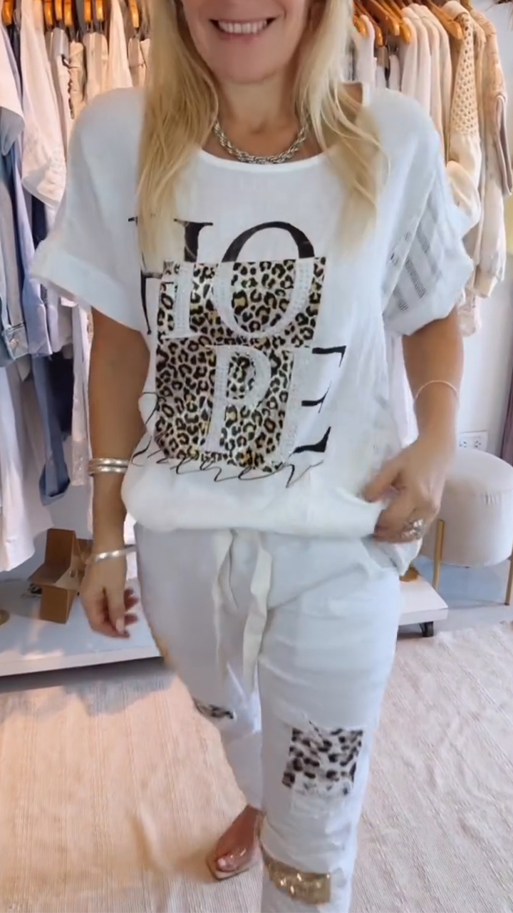 Női kerek nyakú nyomtatott felső + patchwork nadrág, alkalmi öltöny