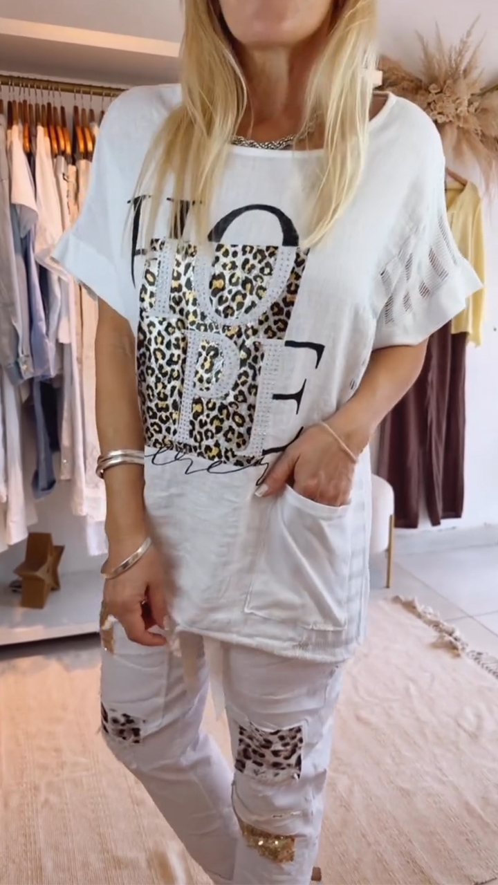 Női kerek nyakú nyomtatott felső + patchwork nadrág, alkalmi öltöny