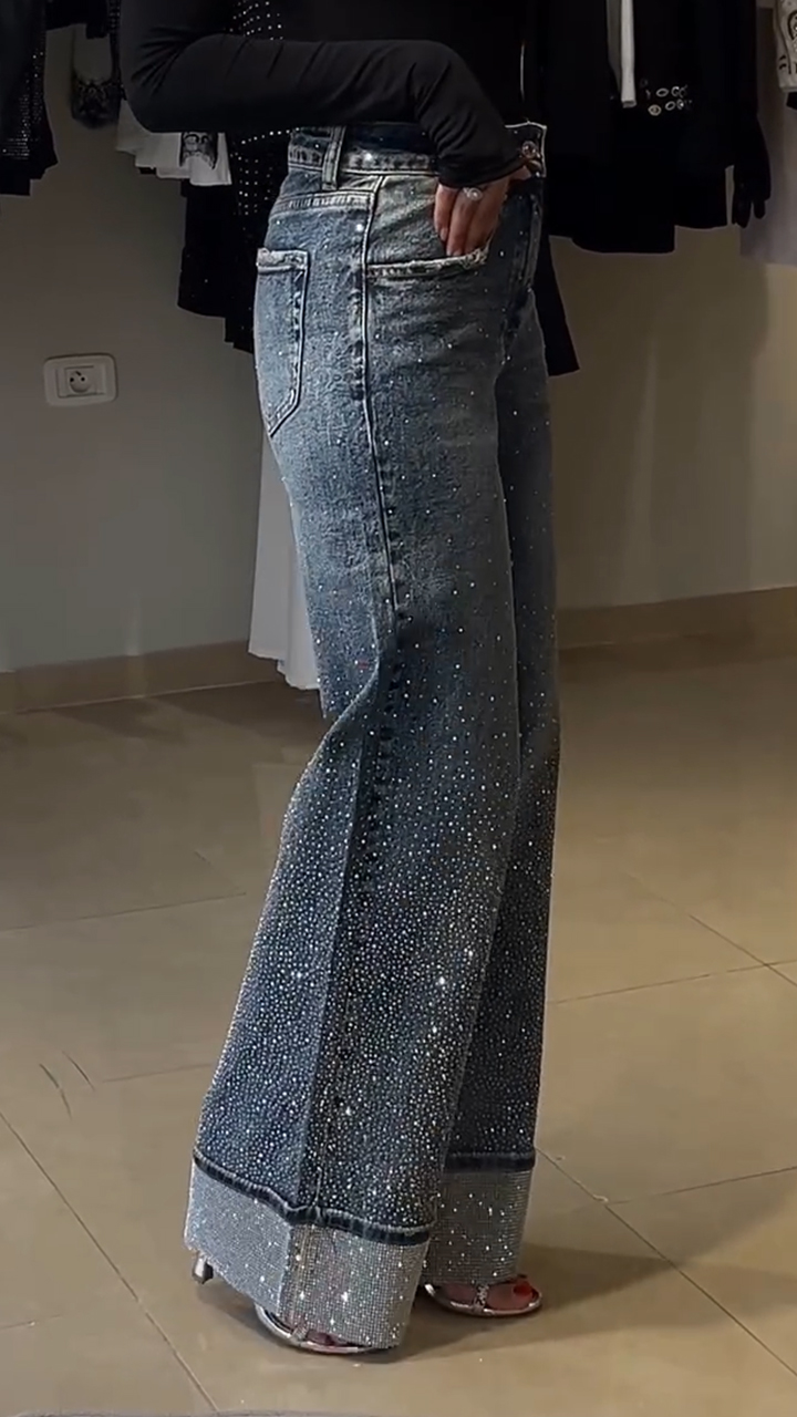 Női strasszos mosott varrású alkalmi farmer