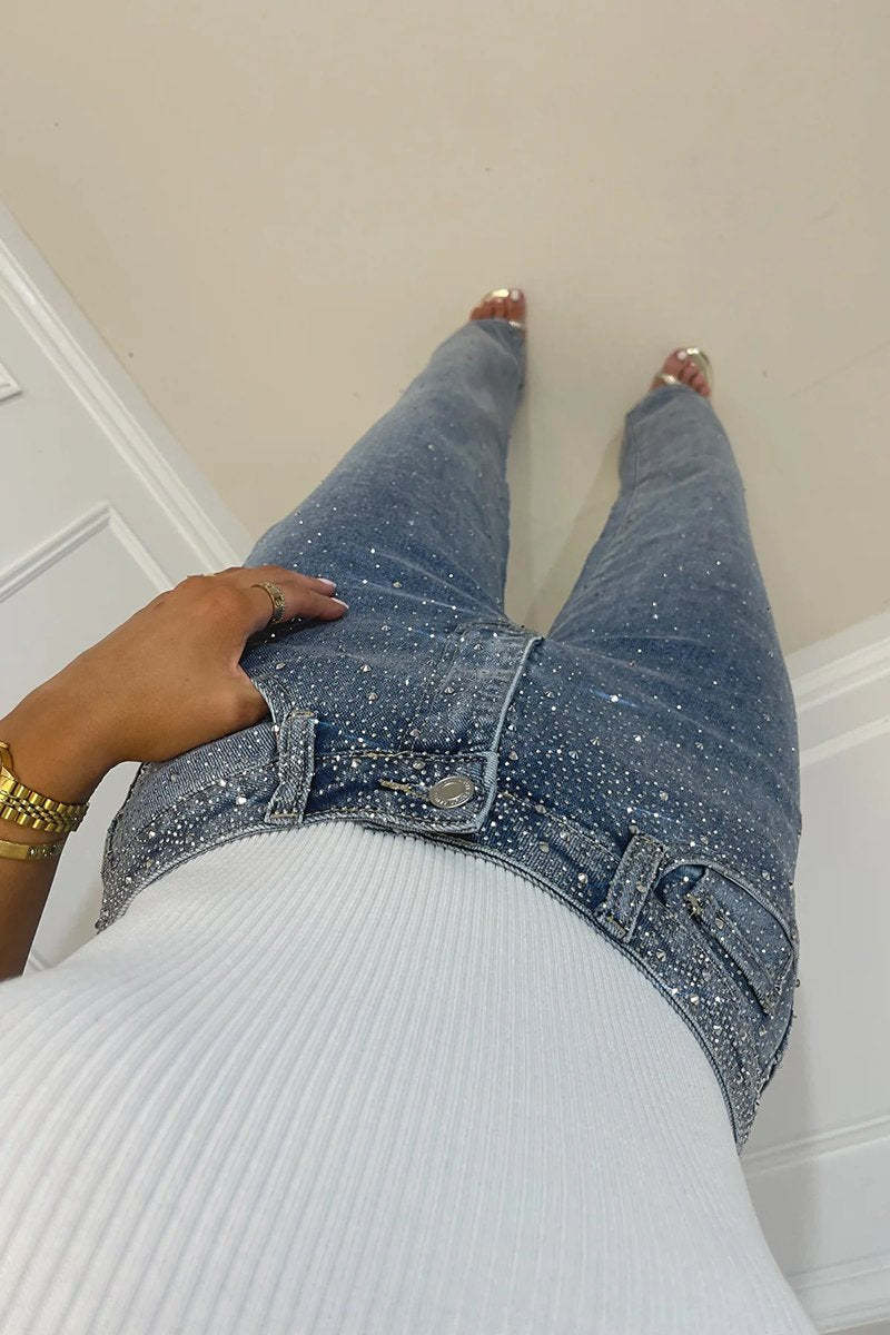 Elegáns női csillagos égbolt mintás, forró gyémánt farmernadrág