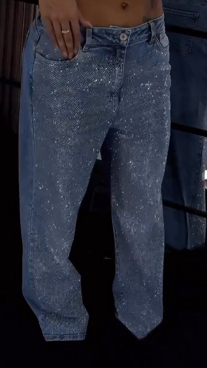 Női egyoldalas strasszos széles szárú lezser farmer