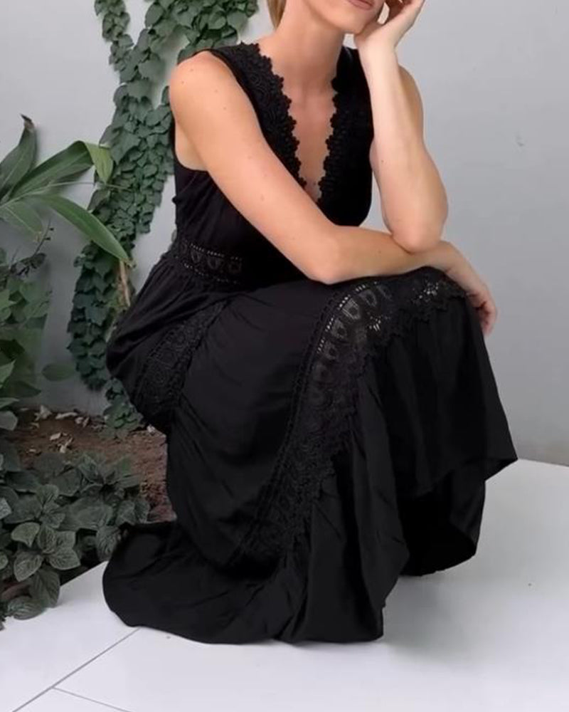 Női divatos csipke V-nyakú midi ruha