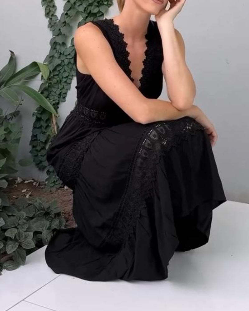 Női divatos csipke V-nyakú midi ruha