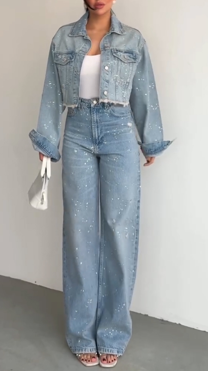 Női galléros strasszos kabát + nadrág, alkalmi farmer szett