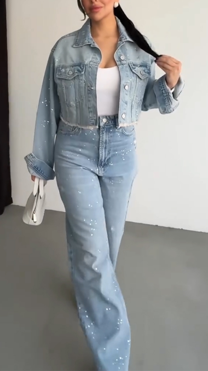 Női galléros strasszos kabát + nadrág, alkalmi farmer szett