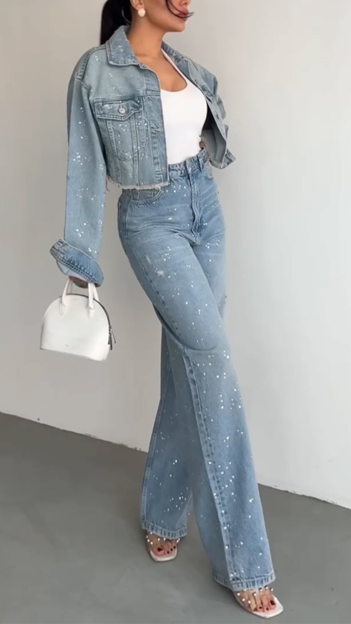 Női galléros strasszos kabát + nadrág, alkalmi farmer szett