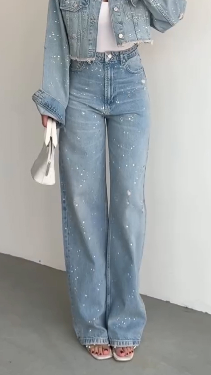 Női galléros strasszos kabát + nadrág, alkalmi farmer szett