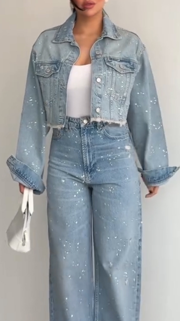 Női galléros strasszos kabát + nadrág, alkalmi farmer szett