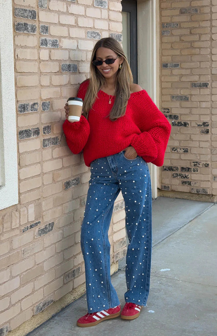 Női csillogó gyöngyös, közepesen mosott, magas derekú farmer