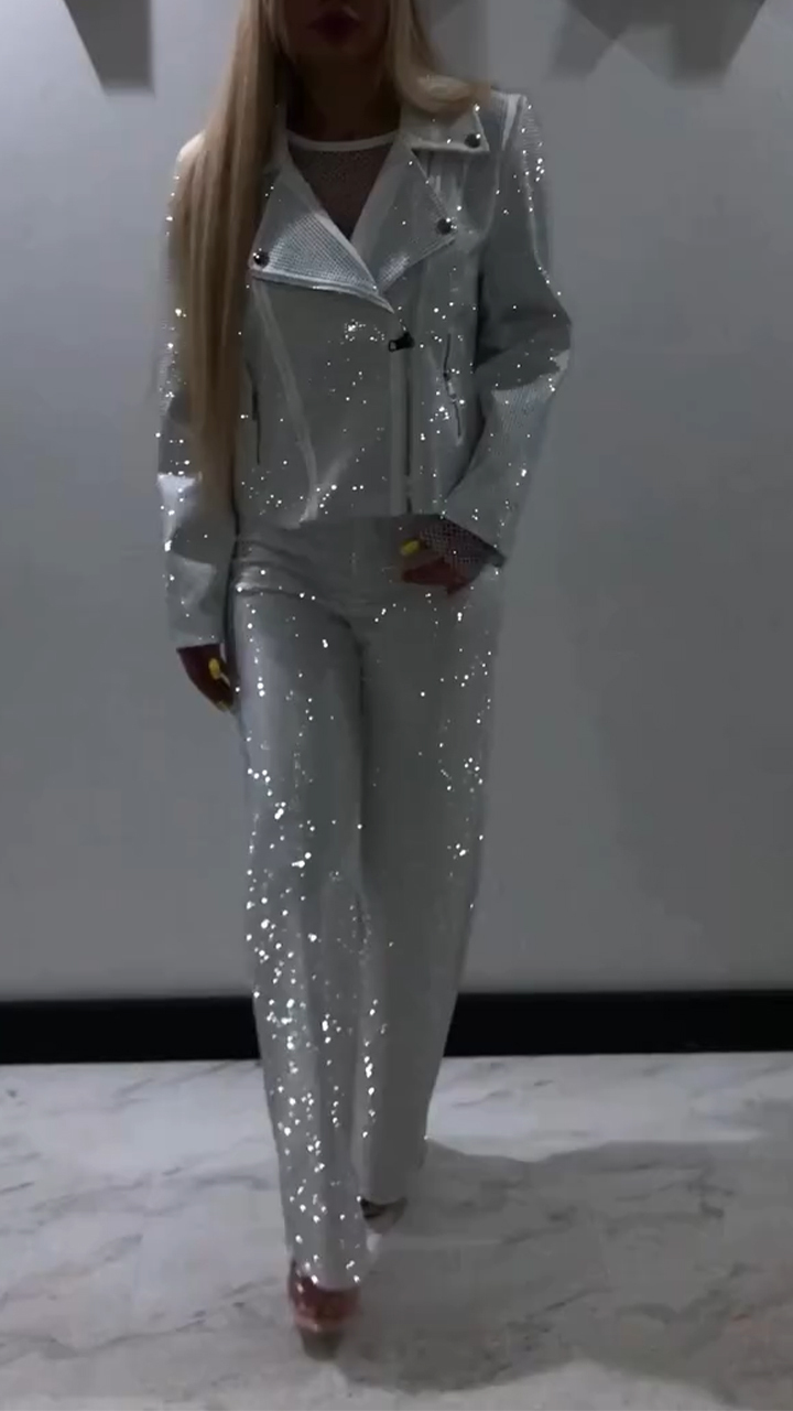 Női galléros, forró gyémánt dzseki + nadrág, csillogó lezser szett