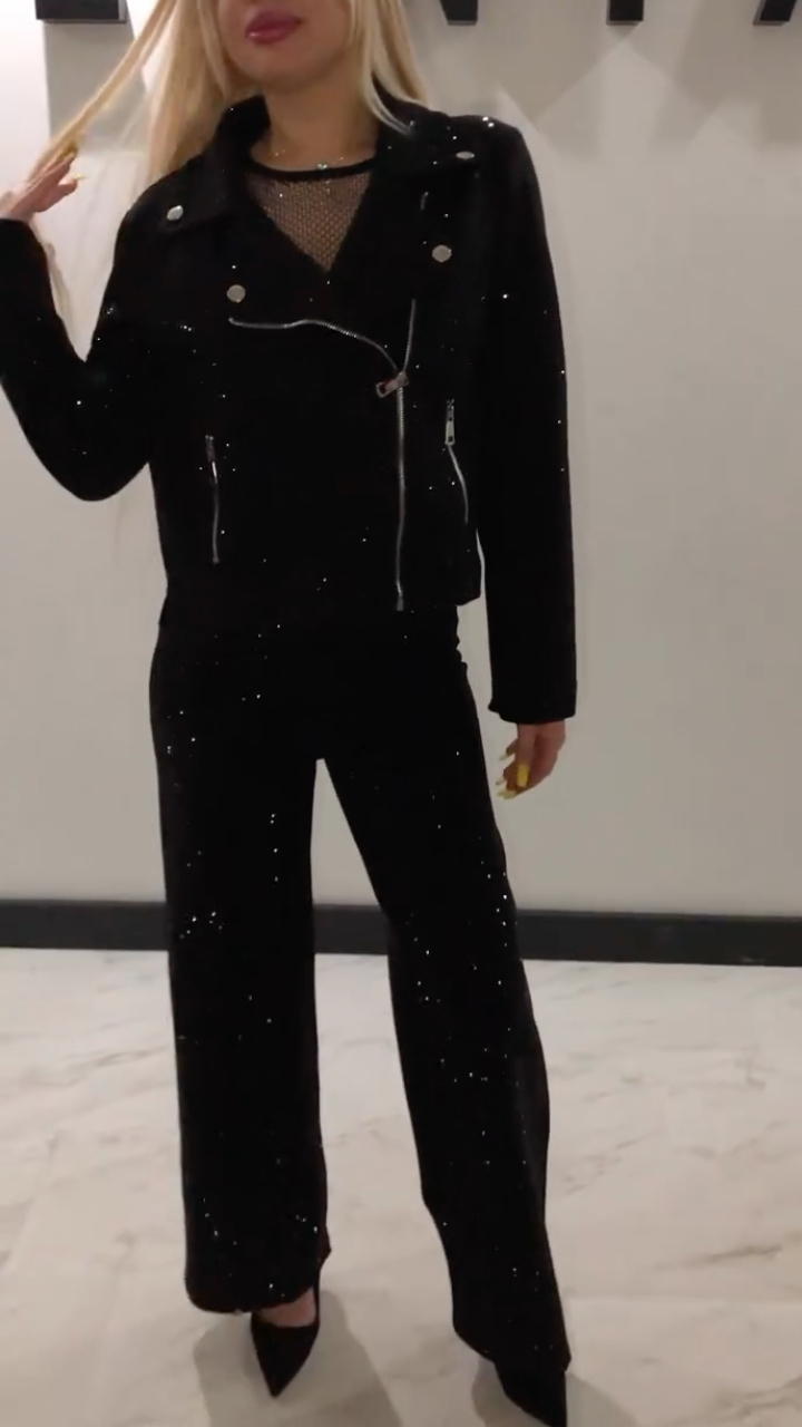 Női galléros, forró gyémánt dzseki + nadrág, csillogó lezser szett