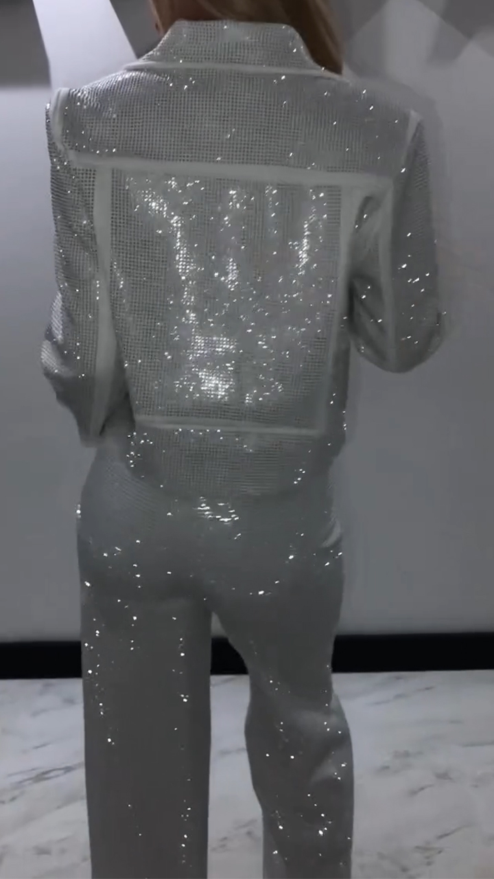 Női galléros, forró gyémánt dzseki + nadrág, csillogó lezser szett