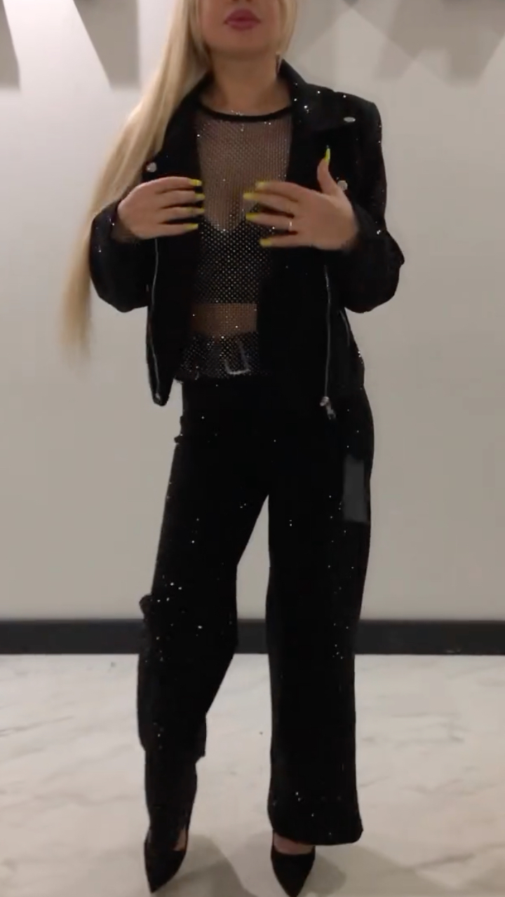 Női galléros, forró gyémánt dzseki + nadrág, csillogó lezser szett