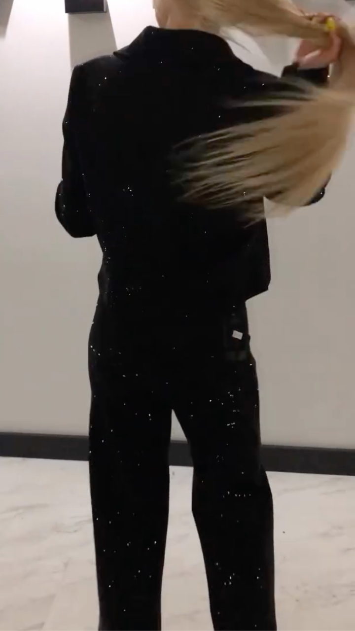 Női galléros, forró gyémánt dzseki + nadrág, csillogó lezser szett