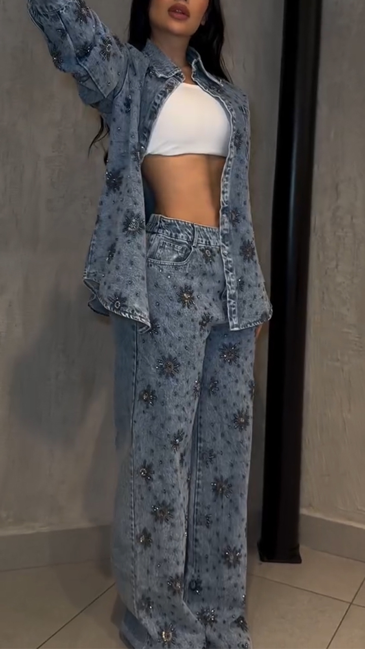 Női hajtókás nyomtatott alkalmi farmeröltöny