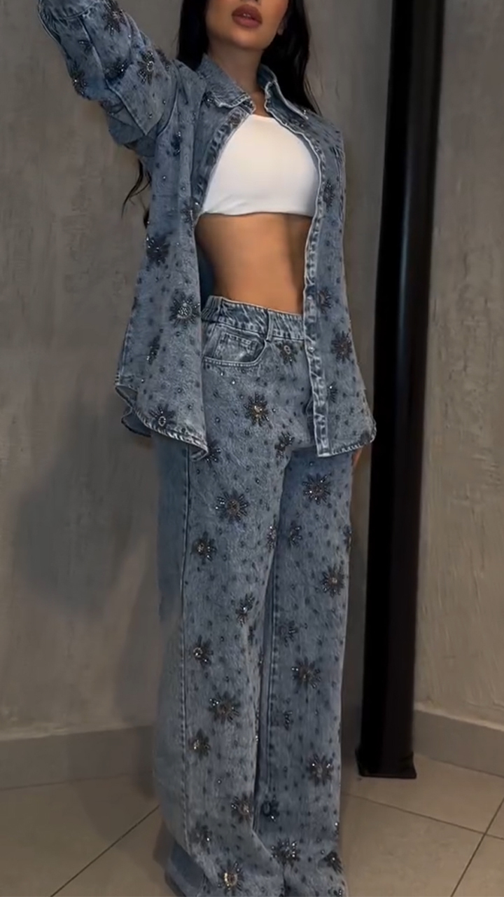 Női hajtókás nyomtatott alkalmi farmeröltöny