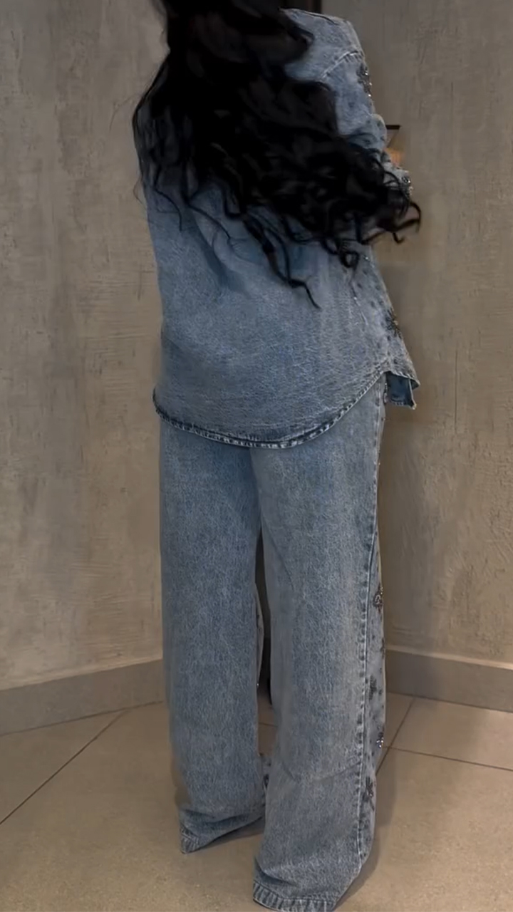 Női hajtókás nyomtatott alkalmi farmeröltöny