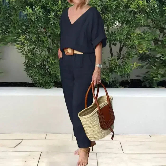 Női pamutvászon V-nyakú, bő kétrészes szett