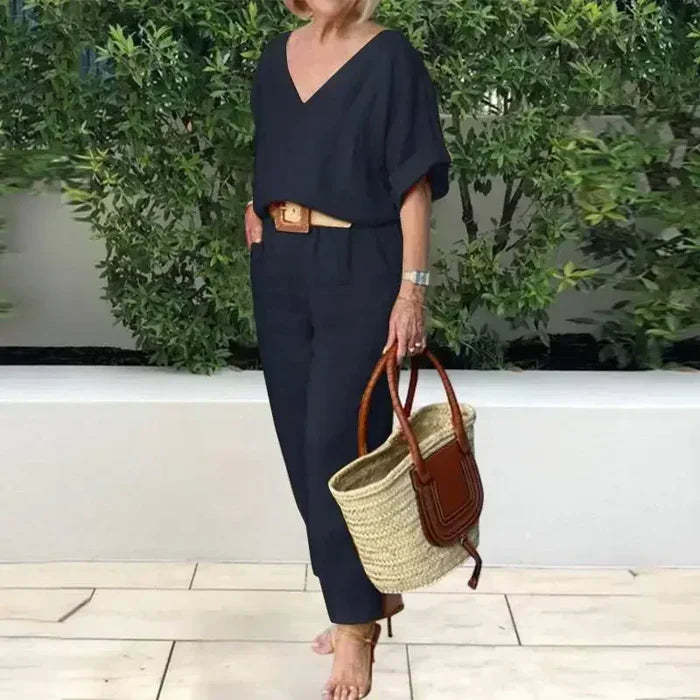 Női pamutvászon V-nyakú, bő kétrészes szett