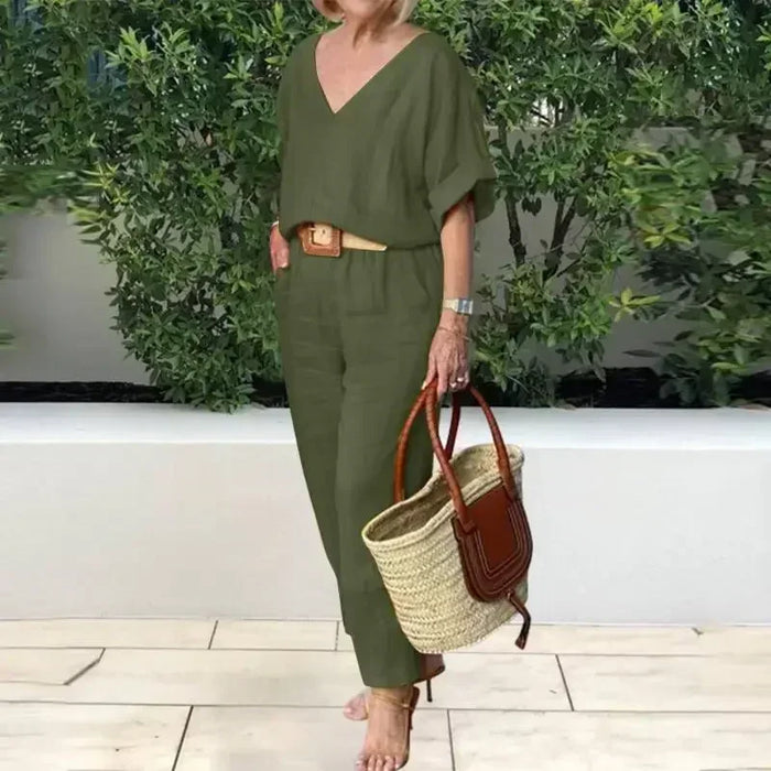 Női pamutvászon V-nyakú, bő kétrészes szett