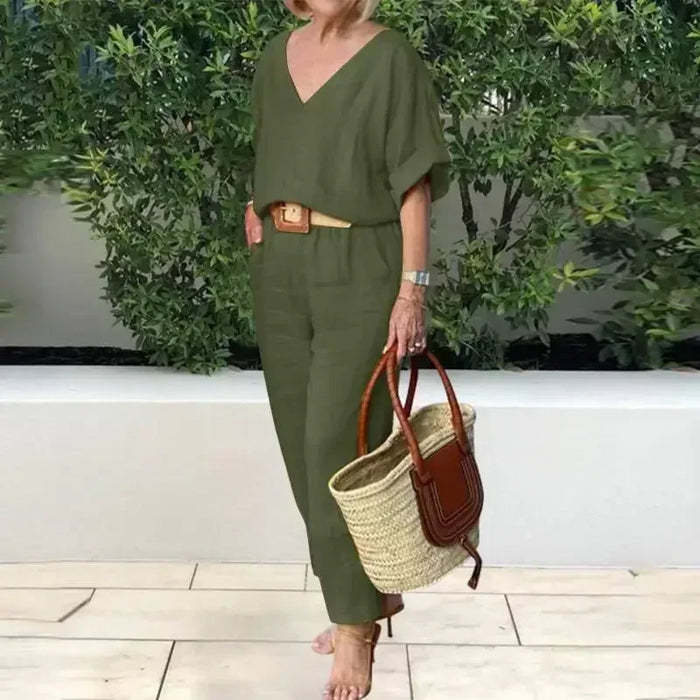 Női pamutvászon V-nyakú, bő kétrészes szett