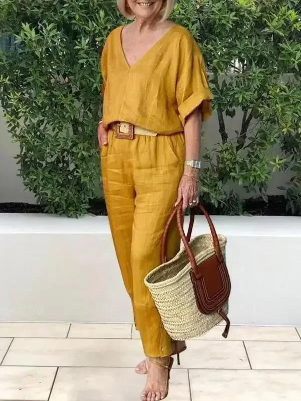 Női pamutvászon V-nyakú, bő kétrészes szett