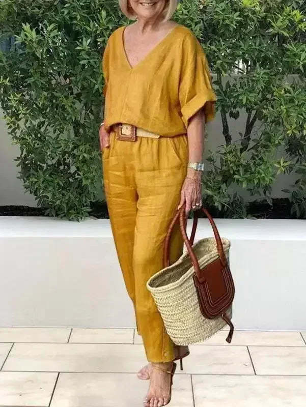 Női pamutvászon V-nyakú, bő kétrészes szett