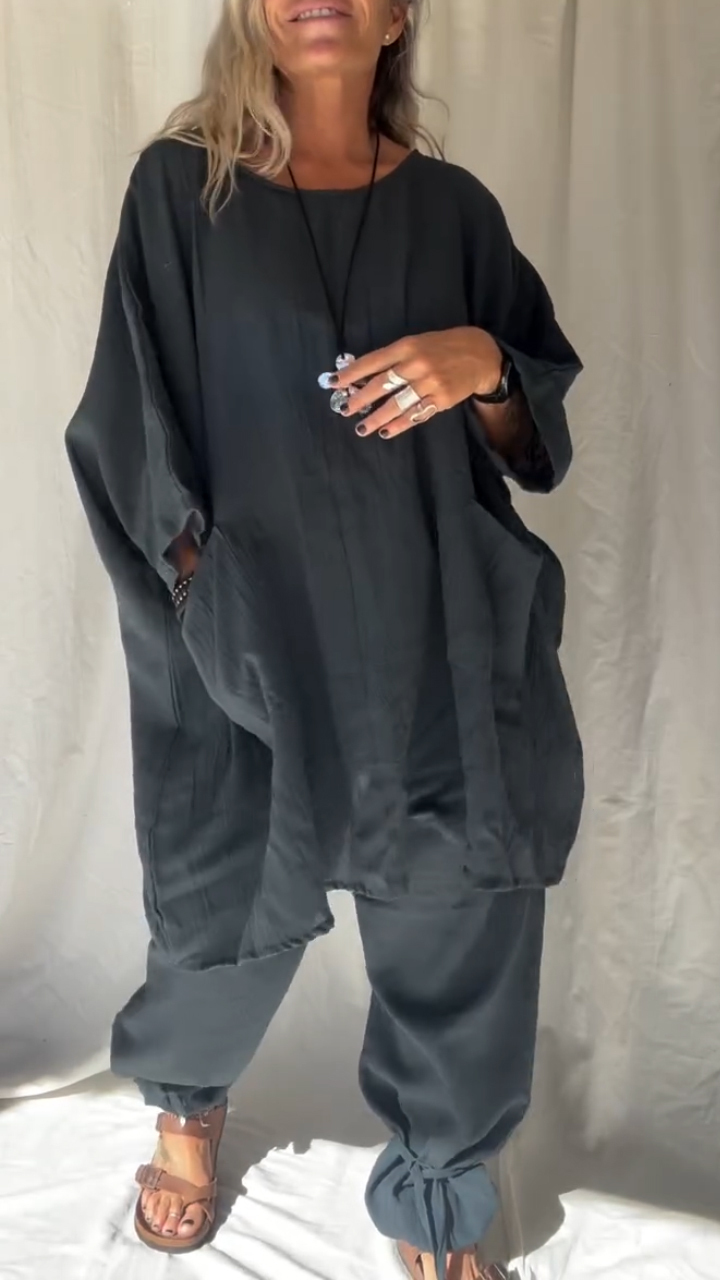 Női Kerek Nyakú Felső + Nadrág Lezser Pamut és Len Öltöny