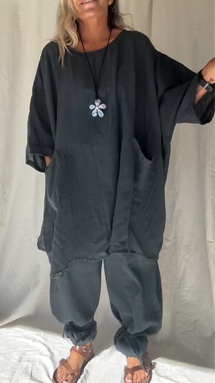 Női Kerek Nyakú Felső + Nadrág Lezser Pamut és Len Öltöny