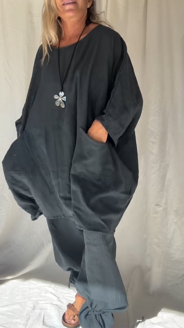 Női Kerek Nyakú Felső + Nadrág Lezser Pamut és Len Öltöny