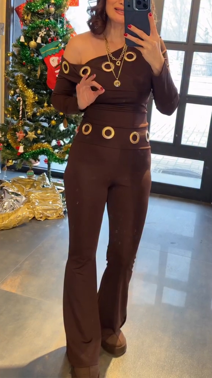 Női átlós galléros fém kör díszítésű felső + szexi lezser öltöny