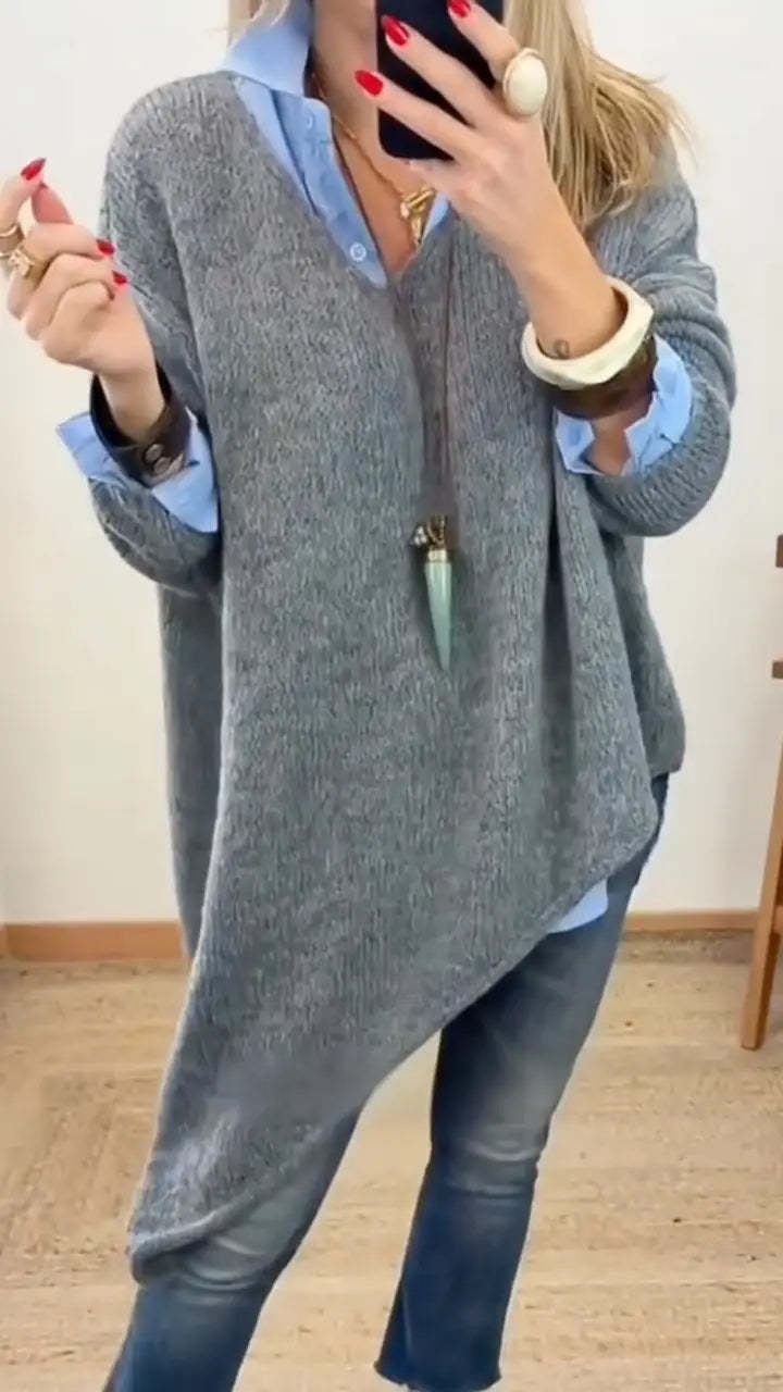 Női V-nyakú, szabálytalan, lezser, hasított, sokoldalú pulóver