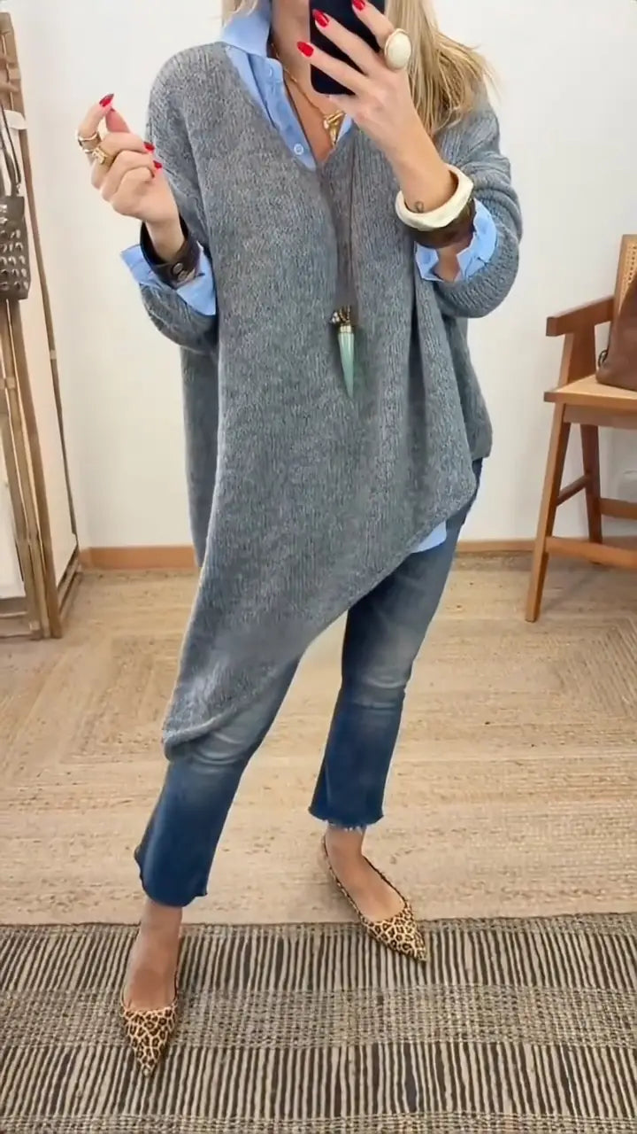 Női V-nyakú, szabálytalan, lezser, hasított, sokoldalú pulóver