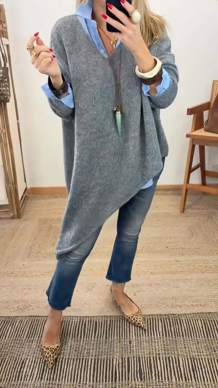 Női V-nyakú, szabálytalan, lezser, hasított, sokoldalú pulóver