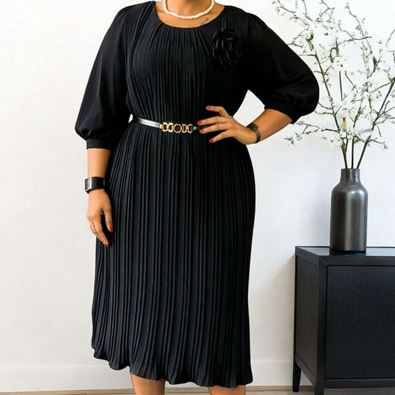 Női rakott, 3/4-es ujjú ruha övvel