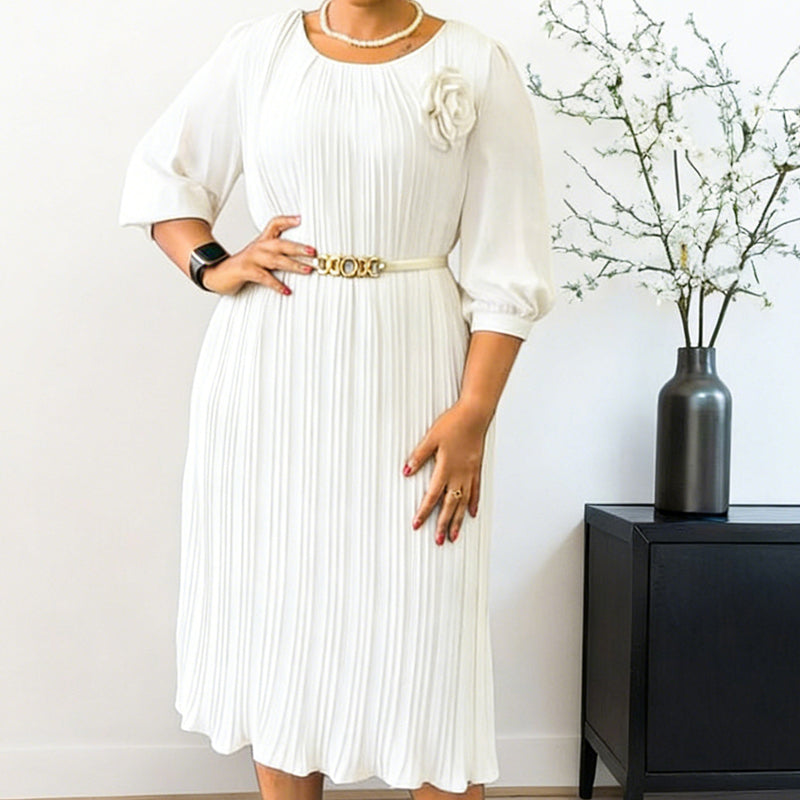 Női rakott, 3/4-es ujjú ruha övvel