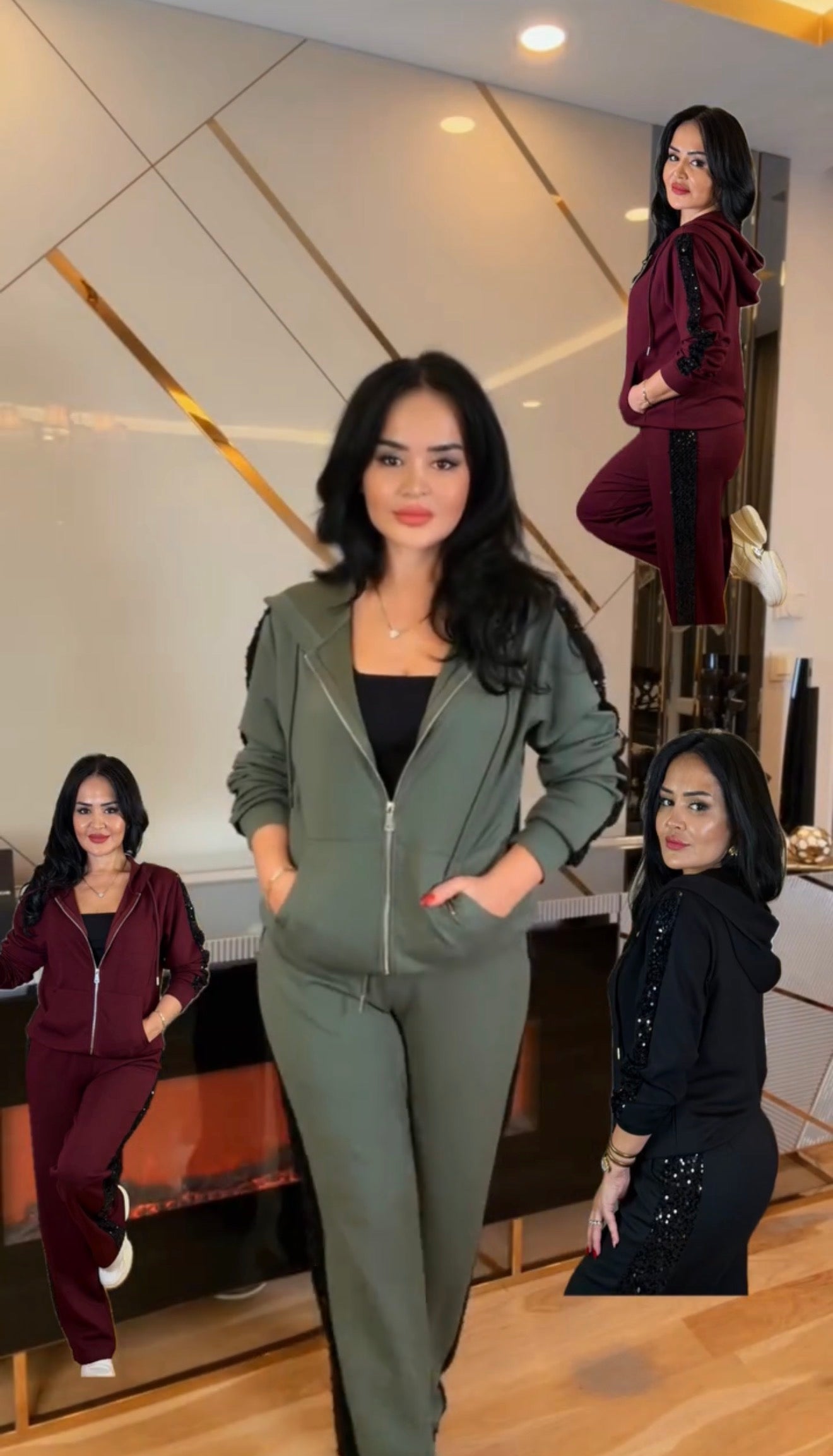 Egy bő szabású kapucnis kabát és magas derekú nadrág.