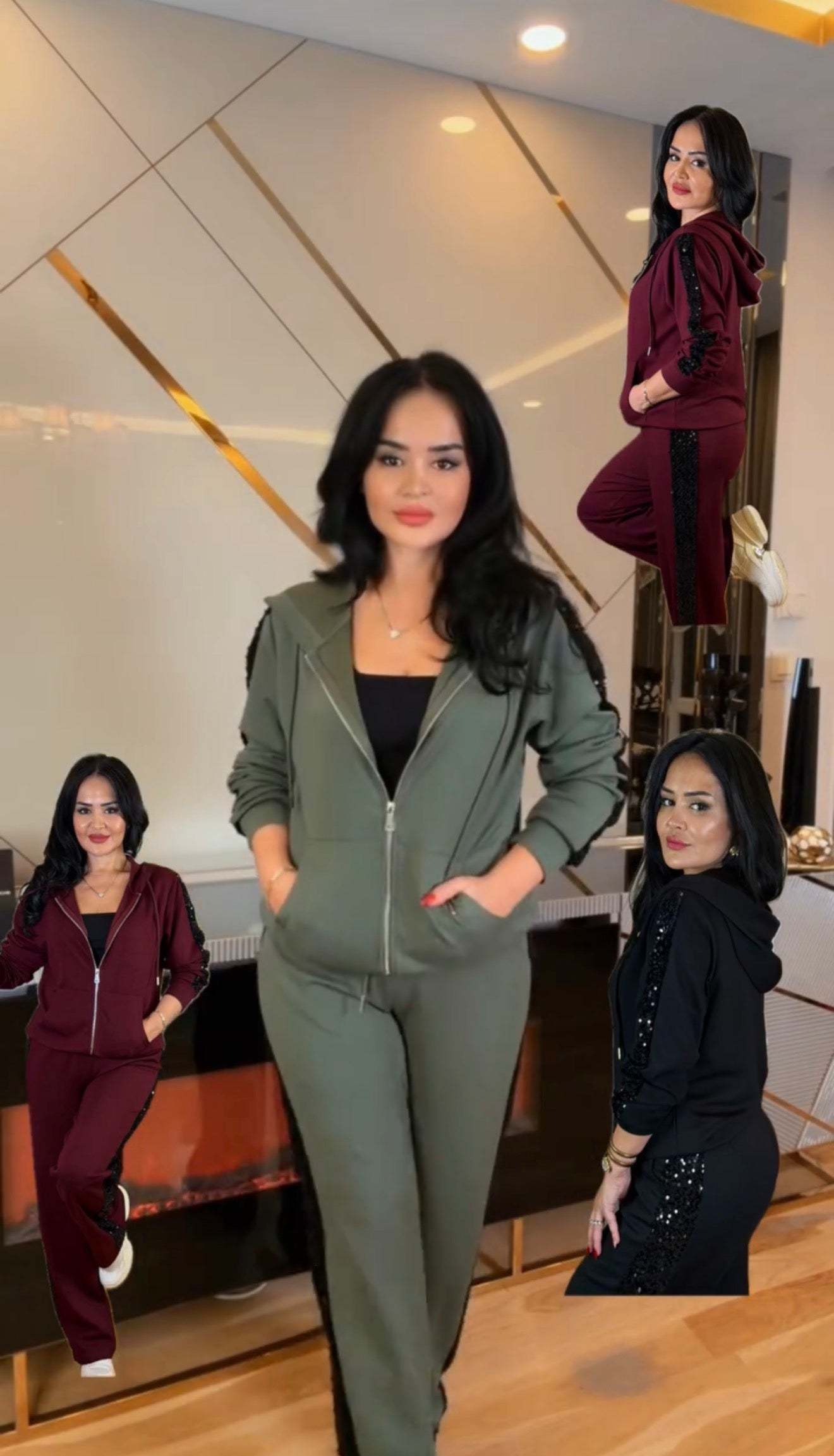 Egy bő szabású kapucnis kabát és magas derekú nadrág.