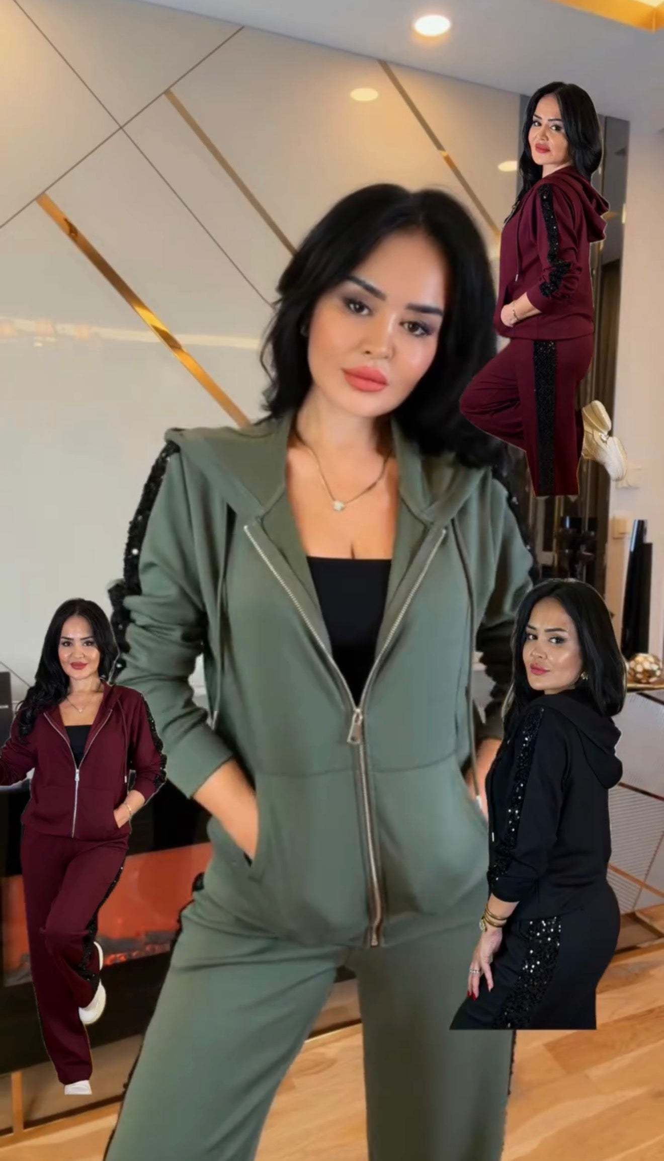 Egy bő szabású kapucnis kabát és magas derekú nadrág.