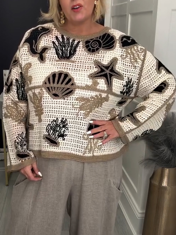 Női Kerek Nyakú Szőtt Mintás Lezser Felső