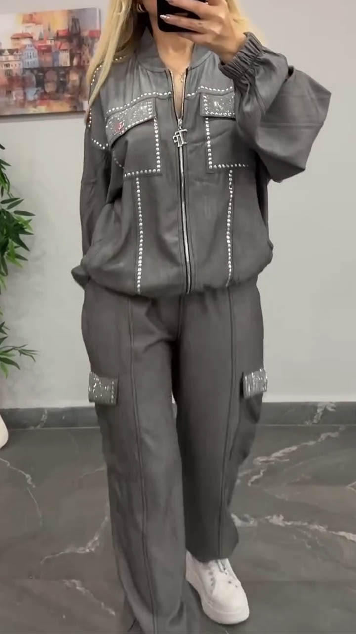 Női kerek nyakú szegecselt dzseki + nadrág lezser szett