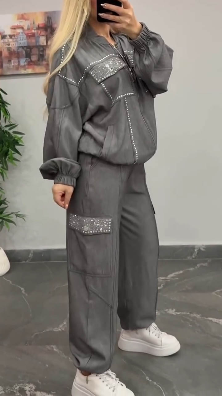 Női kerek nyakú szegecselt dzseki + nadrág lezser szett