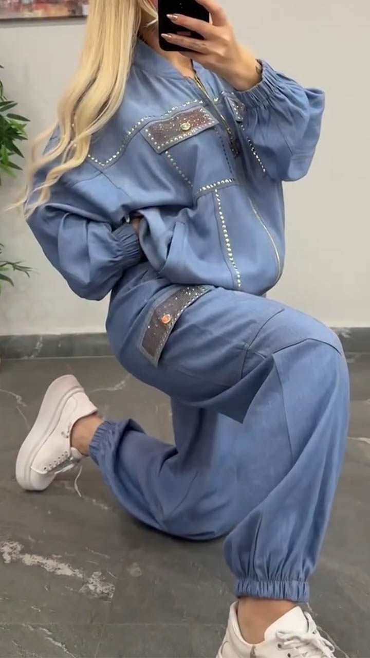 Női kerek nyakú szegecselt dzseki + nadrág lezser szett