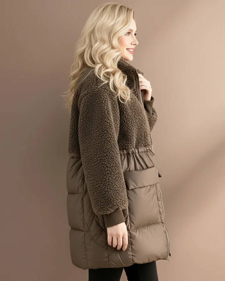 Női divatos, középhosszú bársony pehelykabát báránygyapjú szegéllyel